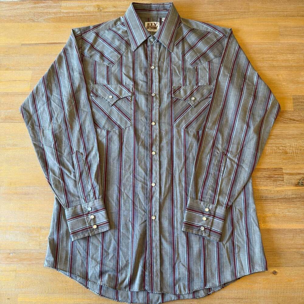 Ely Cattleman Western Shirt Size M Gray Striped Pearl Snap